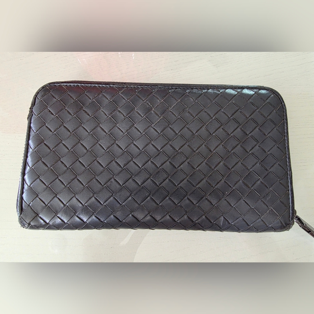 Bottega Veneta Intrecciato Woven Black Leather Zip-Around Long Wallet